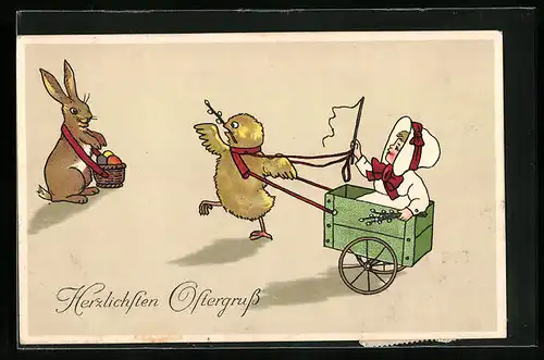 AK Osterhase und Frau mit Osterkükengespann, Ostergruss