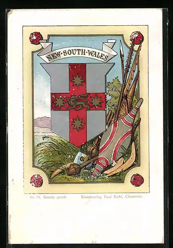 Lithographie New South Wales, Wappen und Landschaft