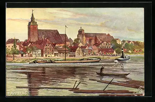 Künstler-AK Havelberg, Panorama mit Laurenziuskirche und Dom