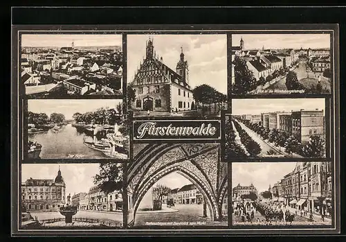 AK Fürstenwalde, Panorama, Hafen, Rathausbogen, Ulanenkaserne & Münchebergerstrasse