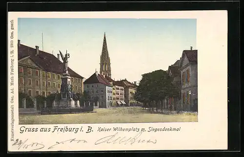 Goldfenster-AK Freiburg i. B., Kaiser-Wilhelmplatz mit Siegesdenkmal