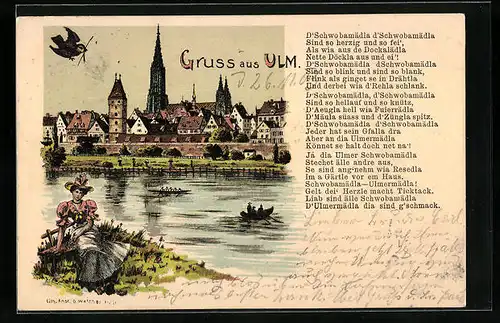Lithographie Ulm, Uferpartie mit Dom