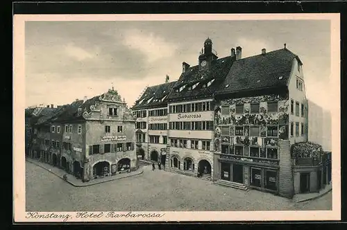 AK Konstanz, Hotel Barbarossa und Papiergeschäft Obermarkt