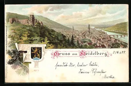 Lithographie Heidelberg, Teilansicht mit Wappen