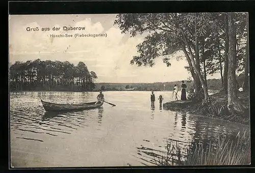 AK Duberow, Boot auf dem Huscht-See, Fiebecksgarten