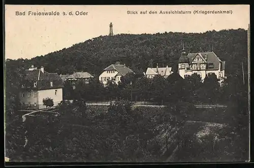 AK Bad Freienwalde a. d. Oder, Blick auf den Aussichtsturm, Kriegerdenkmal