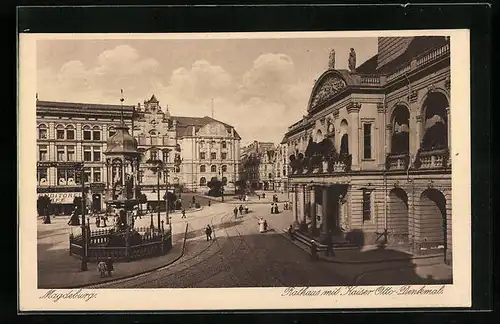 AK Magdeburg, Rathaus mit Café-Konditorei, Geschäften und Kaiser Otto-Denkmal