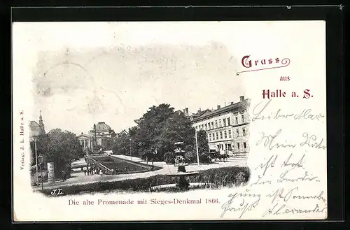 AK Halle a. S., Alte Promenade mit Möbelgeschäft und Sieges-Denkmal 1866