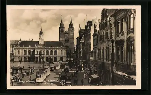 AK Magdeburg, Alter Markt mit Geschäften, Rathaus und Johanniskirche, Strassenbahn
