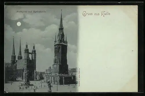 Mondschein-AK Halle, Marktplatz und Marienkirche