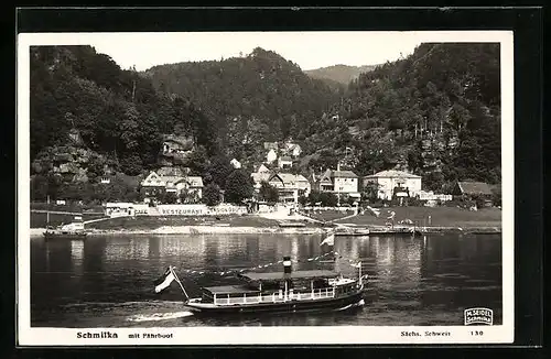 AK Schmilka /Sächs. Schweiz, Uferpartie mit Café-Restaurant-Pension Prüfer und Dampfboot