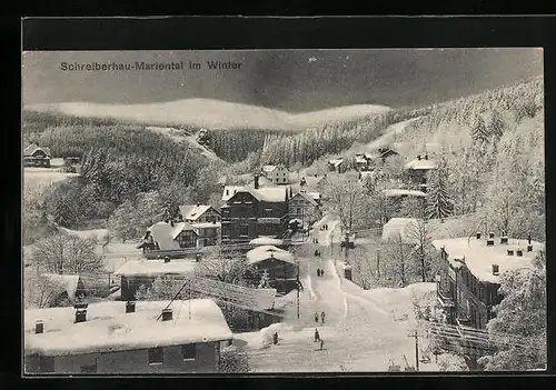AK Schreiberhau-Mariental, Strassenpartie mit Gebäudeansicht im Winter