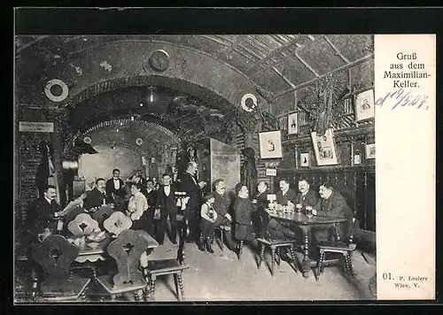 AK Wien, Gasthaus Maximilian-Keller, Innenansicht