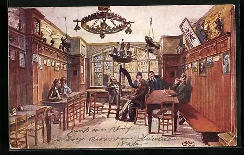 Künstler-AK Kufstein, Gasthaus Schicketanz Batzenhäusl, Innenansicht