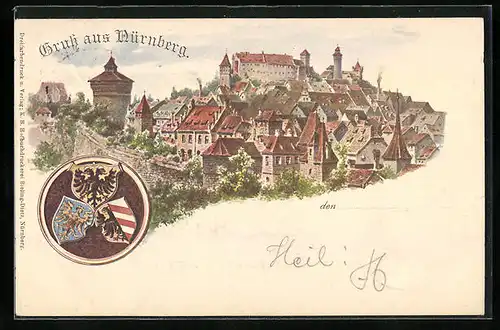 Künstler-AK Nürnberg, Teilansicht mit Wappen