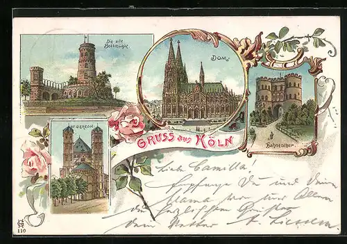 Lithographie Köln, Dom, St. Gereon, Hahnentor