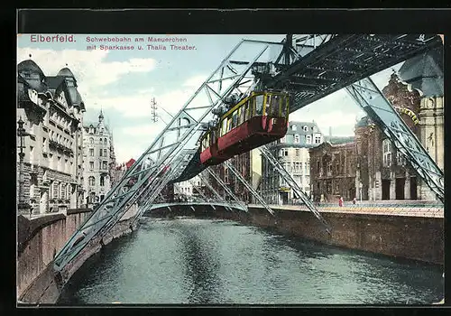 AK Elberfeld, Schwebebahn am Maeuerchen mit Sparkasse u. Thalia Theater