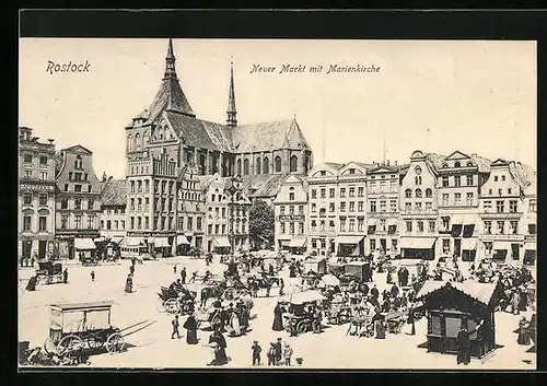 AK Rostock, Neuer Markt mit Geschäften und Marienkirche