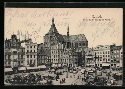 AK Rostock, Neuer Markt mit Geschäften und Marien-Kirche