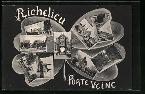 AK Richelieu, Porte Veine, Tor, Gebäudeansicht und Ortspartie im Kleeblatt, Passepartout