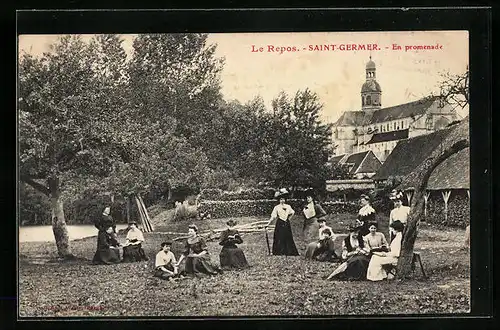 AK Saint-Germer, En Promenade, Frauen sitzen auf der Wiese