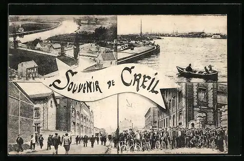 AK Creil, Schiffe auf dem Fluss, Blick auf den gesamten Ort, Gruppenbild mit Fahrrädern