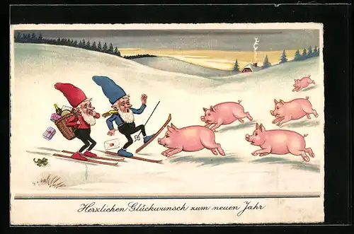 Künstler-AK Neujahresgrüsse, Zwerge laufen Ski mit einem Kortb voller Geschenke, Schweine