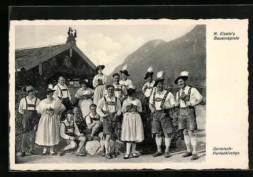 AK Garmisch-Partenkirchen, N. Eiseles Bauernspiele, Gruppenbild der Trachtenkapelle