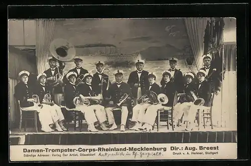AK Damen-Trompeter-Corps-Rheinland-Mecklenburg, in Kostümen und mit Instrumenten, Damenorchester