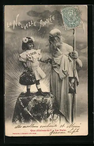 AK La Nouvelle Annee, der alte Mann und das junge Mädchen, Jahreszahl 1905