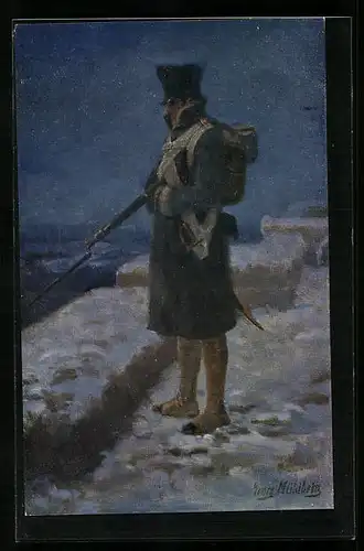 Künstler-AK Georg Mühlberg: Soldat in Uniform mit Gewehr im Winter