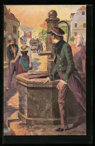 Künstler-AK Georg Mühlberg: Student am Brunnen sieht ein Pärchen