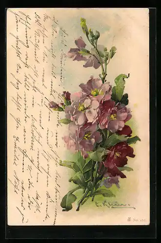 Künstler-AK Catharina Klein: Violette Blumen mit Blättern