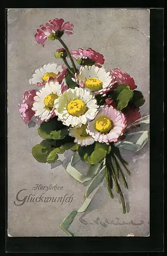 Künstler-AK Catharina Klein: Blumenstrauss mit Schleife, Glückwunsch