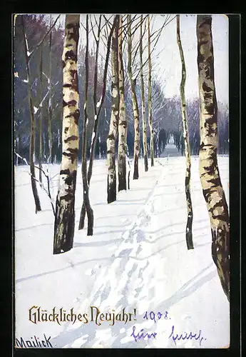 Künstler-AK Alfred Mailick: Waldpartie im Winter, Neujahrsgruss
