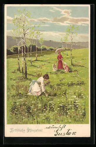 Präge-Künstler-AK Alfred Mailick: Frauen mit Kindern pflücken Blumen, Pfingstgruss