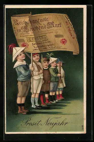 AK Jungen mit Gewehr und Gelschein als Fahne, Neujahrsgruss
