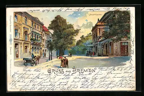 Lithographie Bremen, Stadttheater und Pferdewagen