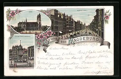 Lithographie Magdeburg, Dom, Kaiser Otto Denkmal, Strasse Breiter Weg