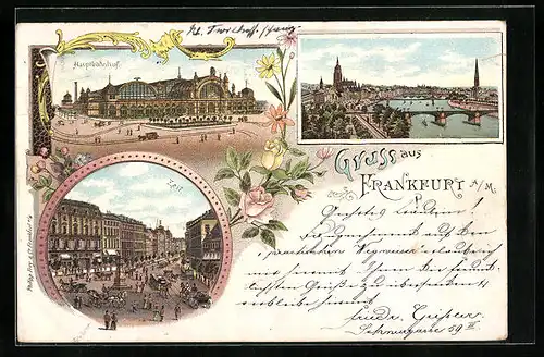 Lithographie Frankfurt a. M., Teilansicht mit Brücke, Hauptbahnhof, Zeil mit Pferdebahn