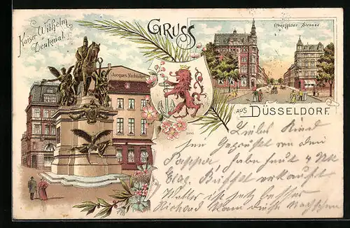 Lithographie Düsseldorf, Kaiser Wilhelm Denkmal mit Apotheke u. Geschäftshaus Jacques Nachfolger, Elberfelder Strasse