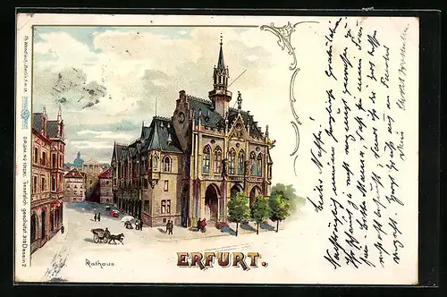 Lithographie Erfurt, Rathaus mit Pferdewagen