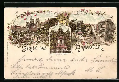 Lithographie Hannover, Gasthaus Tivoli, Krieger-Denkmal, Georgstrasse mit Pferdebahn