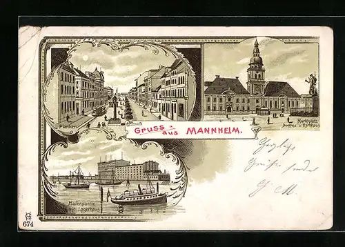 Lithographie Mannheim, Hafenpartie mit Lagerhaus, Planken mit Strassenbahn bei Mondschein