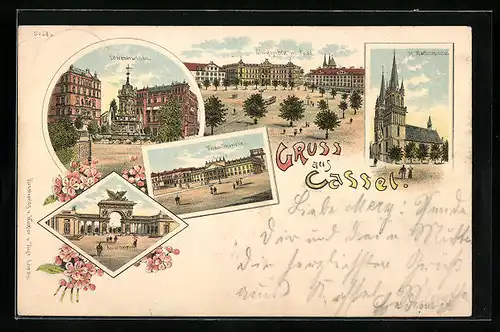 Lithographie Kassel, St. Martinskirche, Königsplatz mit Post, Löwenbrunnen