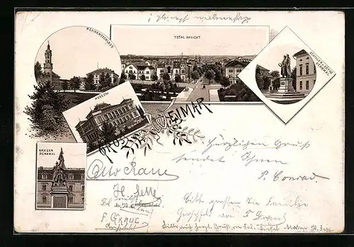 Lithographie Weimar, Residenzschloss, Museum, Krieger-Denkmal