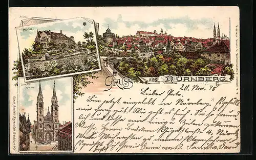 Lithographie Nürnberg, Teilansicht, Burg, Lorenz-Kirche