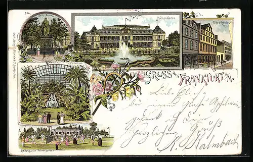 Lithographie Frankfurt a. M., Palmen-Garten, Inneres Palmenhaus, Göthe-Denkmal