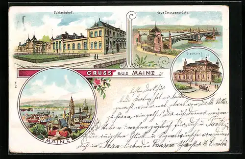 Lithographie Mainz, Schlachthof, Stadthalle, Neue Strassenbrücke