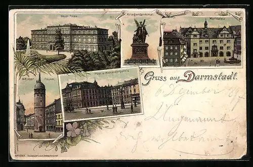 Lithographie Darmstadt, Neus Palais, Post u. Alexanderpalais, Weisser Turm